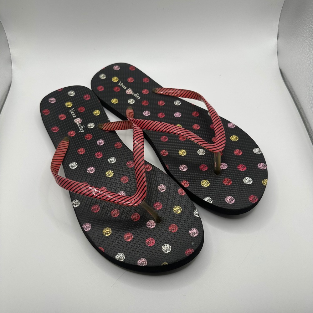 Vera Bradley Womens Polka Dot Striped Flip Flop Sandals Black Red Multi Size L